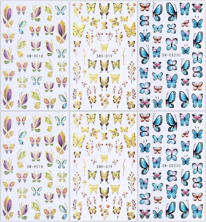 6 Sheets Butterfly Nail Decals for Nail Art Spring Flower Nail Stickers 3D Self-Adhesive Colorful Butterfly Nail Art Stickers Gold Floral Leaf Nail Decoration for Women Girls DIY Manicure Supplies