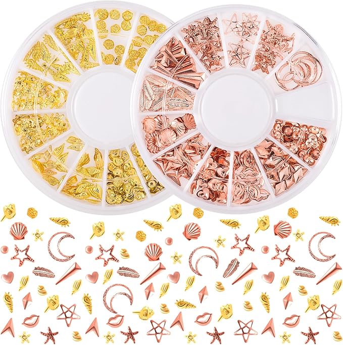 2 Disc Ocean Nail Art Charms, 3D Alloy Nail Art Decals, Beach Starfish Seashell Handmade Supplies for Women DIY Craft Jewelry Manicure Embellishments- Gold & Rose Gold