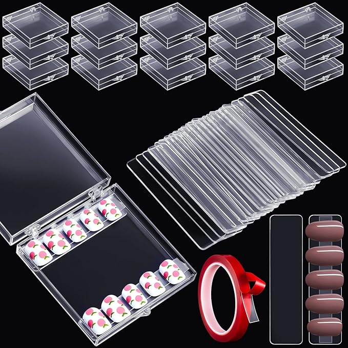 66 Pcs Artificial Nail Storage Box and Nail Art Display Stand Holder Set, 15 Plastic False Nail Packaging Boxes 50 Clear Press on Nail Stand with 5 M Double Sided Tape for Acrylic Nails Practice Salon