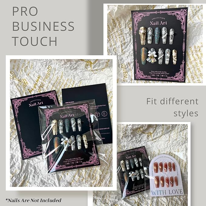 Press On Nail Packaging Kit for Long Nails – Y2K 50 Display Cards with Bags & Tape – Nail Tech Supplies for for Gothic & Baddie Nailfies Nail Salon Studio Manicure Business(Black, 3.54*4.7)