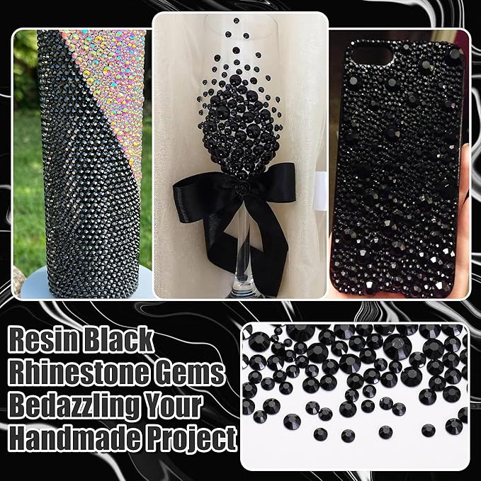 RODAKY 30000PCS Black Rhinestone Flatback Resin Gems for Bedazzling Crystal Rhinestone Beads Jewels 2Pcs 10ml B7000 Glues Tweezers Dotting Pen for DIY Crafts Clothing Shoes Nail Art
