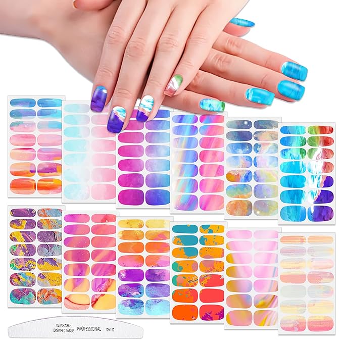 WOKOTO 12 Sheets Macarons Colors Gradient Nail Polish Strips, Marble Nail Stickers Full Wraps for Women Nail Art Wraps Colorful Graffiti Sticker Nails for Women Gel Nail Strips Kit
