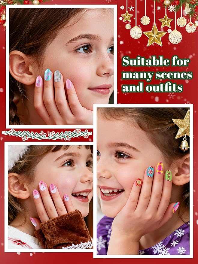 72 Pieces Christmas Press on Nails for Kids, EBANKU 3 Pack Kid Fake Nail Kit Cute Snowman Press on Nails for Girls 7-12 Years with Nail Glue