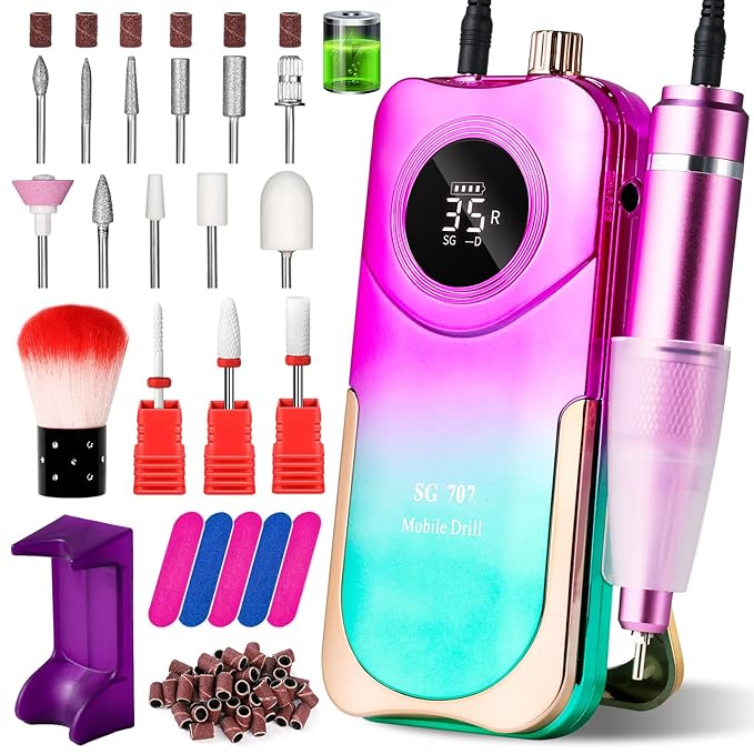 Professional Electric Nail Drill Kit 35000RPM with 14PCS Bits Purple Green Portable Rechargeable Cordless File Machine for Acrylic Gel Powder Nails and Manicure Pedicure Toenail Tool Salon Set