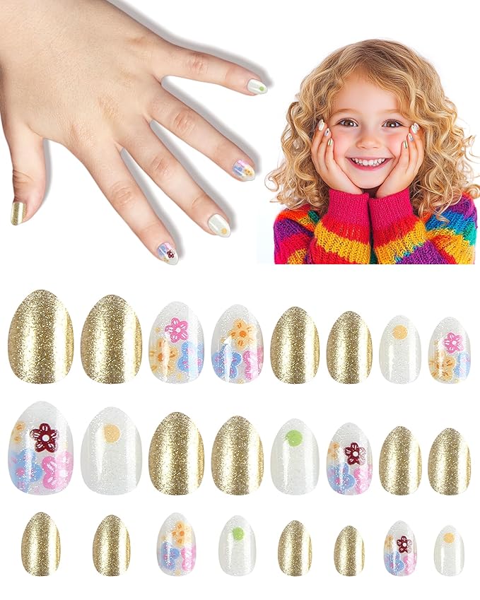 Press on Nails for Kids,tween Girls Trendy Stuff Fake Nails Kit,Pre-glue Glitter Stick on Nails for Kids 6,7,8,9,10-12 years old, Great for Girl Birthday Gifts,Parties&Makeovers Decoration
