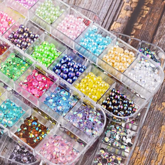 5 Boxes 3000pcs Sparkling Crystal Nail Rhinestones Pearls Kit, Flatback Multicolor Transparent Jelly AB Mermaid Gems with Pick Up Pen and Curved Tweezers for Manicure Salon & Craft DIY Designs (4mm)