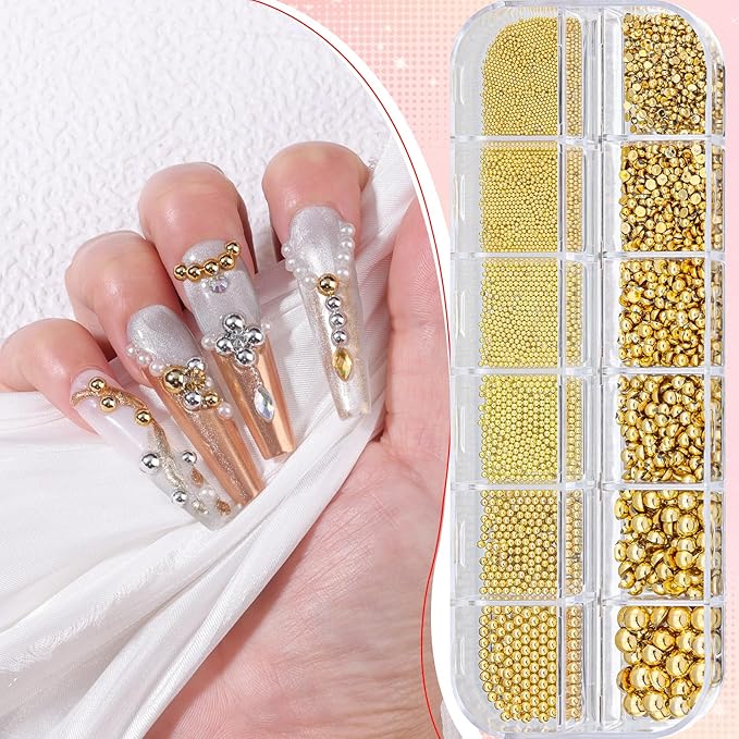 Gold Nail Charms Caviar Beads for Nails, 1.5-5mm Half Round Flatback Nail Pearls 0.7-2mm Gold Beads with Pickup Tools for Nails Face Eyes Makeup (32-K1-5)