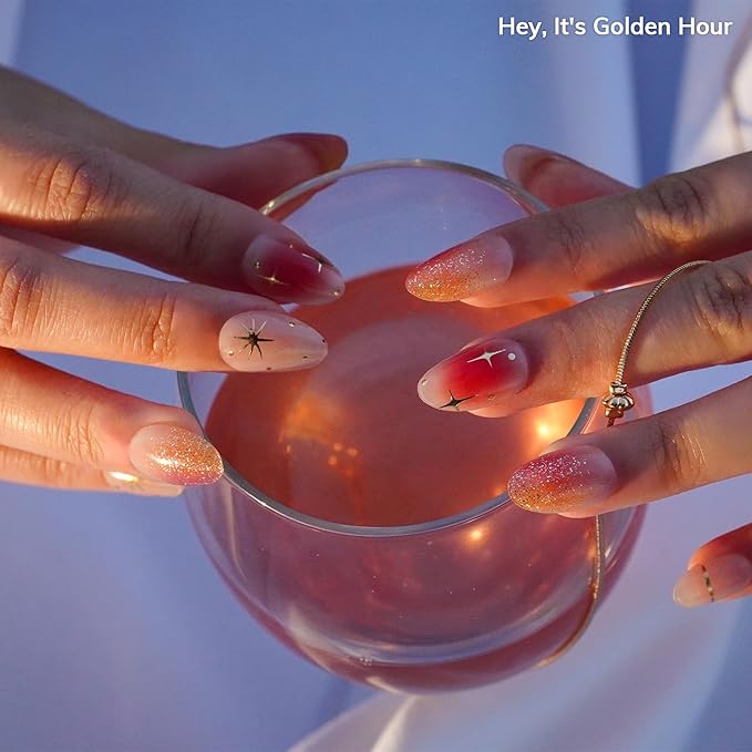 Heyhae Semi Cured Gel Nail Strips | No LED Lamp Needed | Ombre, Gold, Spring | Easy Apply & Remove, Salon Quality | Includes 28 Strips, 1 Prep Pads, Nail File & Wooden Stick - Hey, It's Golden Hour