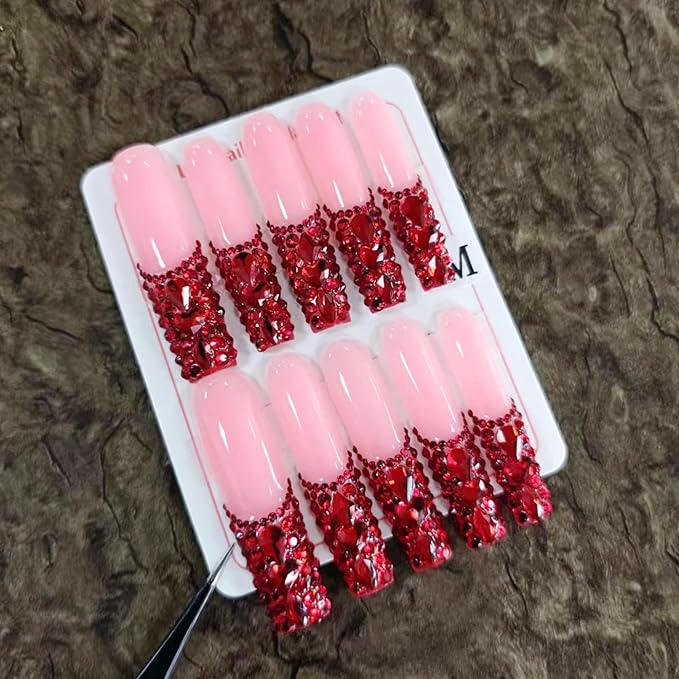 10Pcs Luxury Rhinestone French Tip Fake Nails Handmade Square Press on Nails Extra Long False Nails with Designs Pink Sparkly Full Cover Reusable Acrylic Nails Press ons for Women DIY (Size M)
