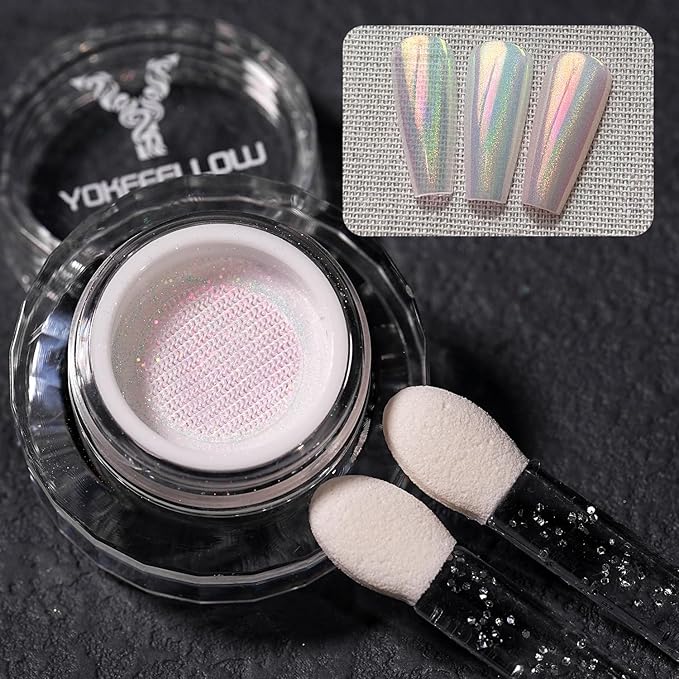 Yokefellow GleamTap Cushion Holographic Aurora Chrome Nail Powder -Holo Nail Art Glitter Decoration Manicure Pigment for Nail Salon(GT311 Pinkstar Prism/Blue Pink with Pink Sheen and Holo Aura)