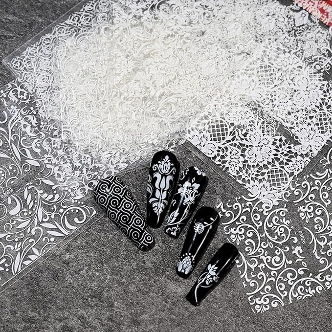 30 Sheets White Art Stickers Decals 3D Self-Adhesive LaceNail Decals Retro Flower Designs Nail Supplies Summer Nail Decoration DIY Nails Accessories for Women