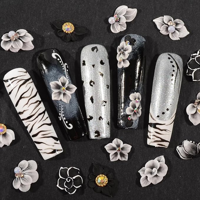 30PCS 3D Handmade Flower Nail Art Charms Advanced Handcrafted Cherry Blossom Flower Colorful Sculpted Floral Nails with Rhinestone Caviar Beads Design for Women Profession Nail Art Craft Jewelry