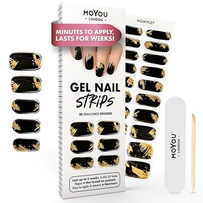 MOYOU LONDON Semi Cured Gel Nail Strips - 20 Pcs. Waterproof Gel Nail Wraps, Cures in Sunlight or UV/LED Lamp, Lasts Up to 2+ Weeks, Stretchable, Easy to Apply & Remove, Vegan & Cruelty-Free