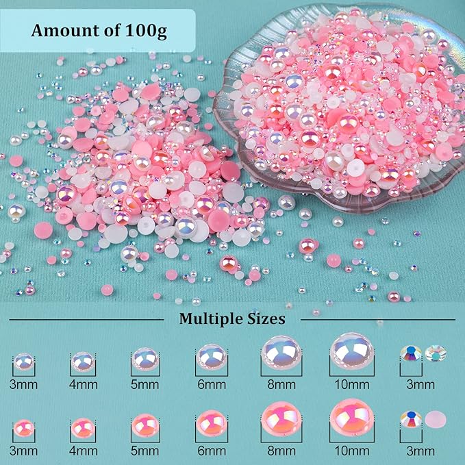 100g Flatback Pearls and Rhinestones Set 1-Pink&White, Mixed Size 3-10mm Resin Rhinestones and Half Pearls for Nail Art and Crafts and Decoration with Tweezer and Pickup Pencil