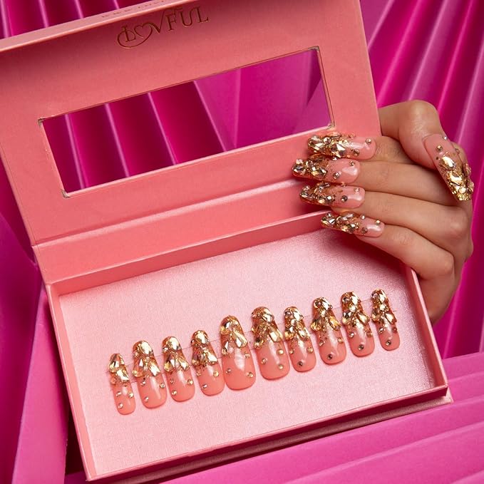LOVFUL Press on Nails Stardust Gold Rhinestone | Handmade with Full Covered Crystals | Reusable Full Cover Nails | Coffin Classic Regular 1.3 in | H84-S