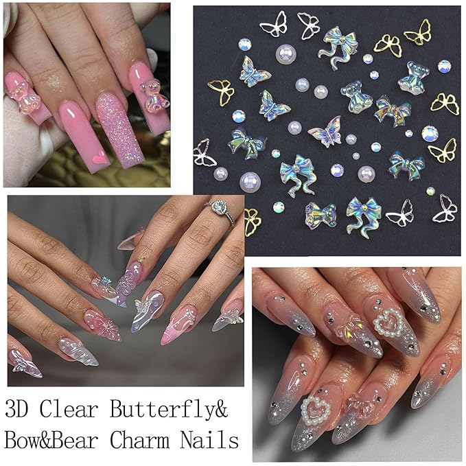 Flatback Nail Art Pearls Flower Bow Butterfly Nail Charms with Rhinestones Gold Silver Colorful Pearls Rhinestones Gems for Women Acrylic Manicure Decorations Supplies