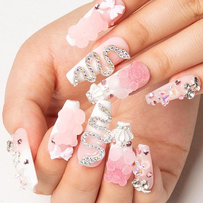 LOVFUL Press on Nails Marshmallo Gummy Bear Square | Handmade with Full Covered Crystals | Reusable Fake Nails | Coffin Classic Regular 1.3 in | H26-S