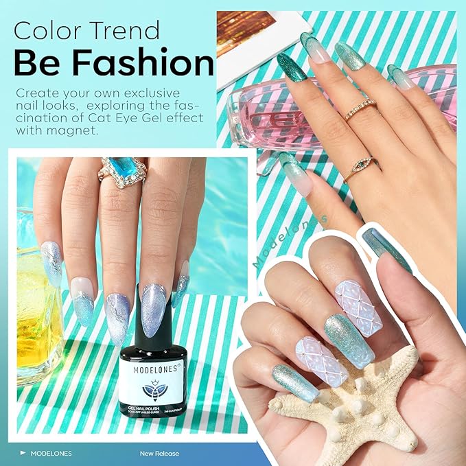 Modelones Gel Nail Polish Set 6 Colors Green Cat Eye Gel Nail Polish White Glitter Light Mint Green Mermaid Pastel Shimmer Polish Soak Off LED Spring Summer Nail Art Salon DIY Gift For Women