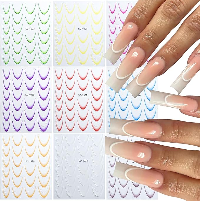 9 Colors French Manicure Nail Art Stickers, 3D Gradient French Tip Stickers Self-Adhesive Nail Decals for DIY Nail Art Decoration 9 Sheets