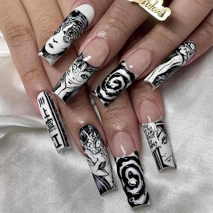 Long Black White Halloween Anime False Nails - Square, Full Cover Glossy Acrylic Artificial Nails - Stick On for Women with Design
