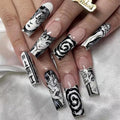 Long Black White Halloween Anime False Nails - Square, Full Cover Glossy Acrylic Artificial Nails - Stick On for Women with Design