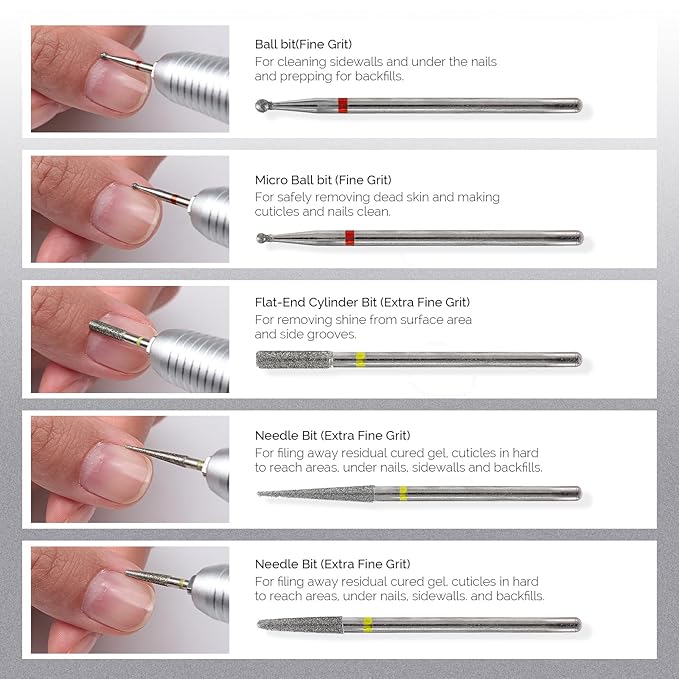 MelodySusie 10pcs Nail Drill Bits Set, 3/32 Inch Diamond Cuticle Nail Bits Kit for Nail Drill E-File, Manicure Pedicure Remover Tools for Acrylic Gel Nails, Salon Home Nail Care Supplies, Silver