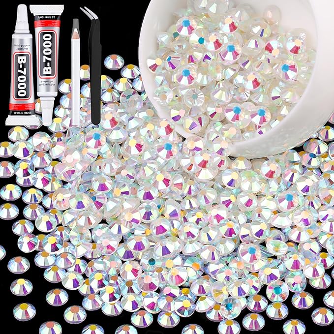 600PCS SS30/6mm Crystal Rhinestones (Transparent AB) with 2Pcs 10ml B7000 Jewelry Glue, Bedazzling Flatback Glass Rhinestones for Crafting, Gems Diomand Charm for Tumbler Shoes Clothing Mugs Nail Art