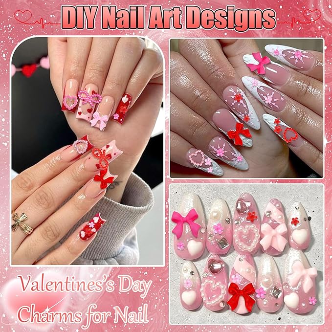 BELICEY Valentines Pink Red Heart Bows Nail Charms 3D Hearts Nail Art Charm Resin Flatback Bow Charms for Nails Cute Kawaii Flower for Women Manicure DIY Nails Art Design Accessories Crafts