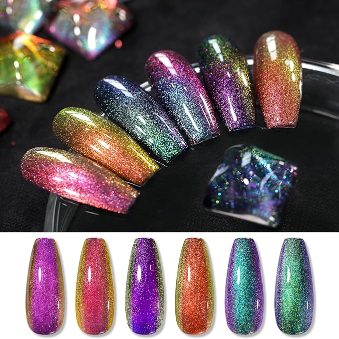 Born Pretty Chameleon Gel Nail Polish, 6 Pcs Aurora Shimmer Glitter Gel Polish Long Lasting Sparkly Shiny Nail Polish U V Set for Manicure and Nail Art, DIY at Home, Salon-Quality 7ml