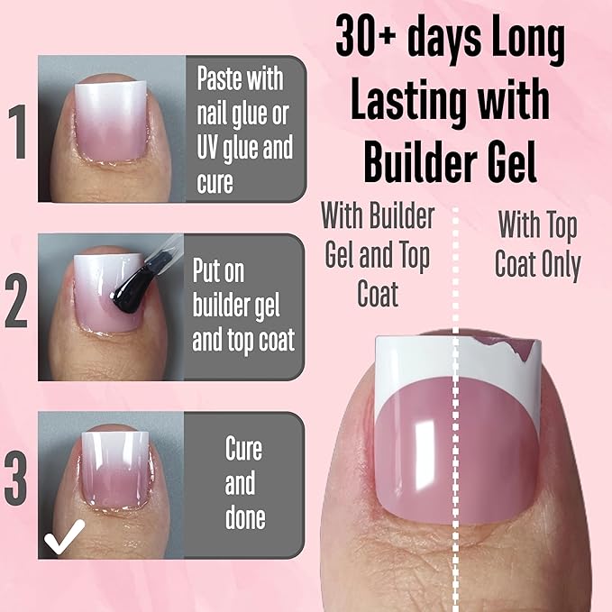 NOVO OVO Ombre French Tip Press on Toe Nail Tips, Sharp Square Pre-Designed Soft Gel False Toenail Extension, BERRY PINK Pre-applied Tip Primer & Base Coat, Full Cover Acrylic DIY x 15 Sizes 240 pcs