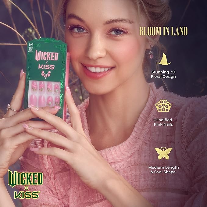 WICKED X KISS Press On Nails, ‘Bloom in Land’, Pink, Medium Oval, Waterproof, Chip Proof, Smudge Proof, 28 Fake Nails, Pink Gel Nail Glue (2g), Mini Nail File, & Manicure Stick