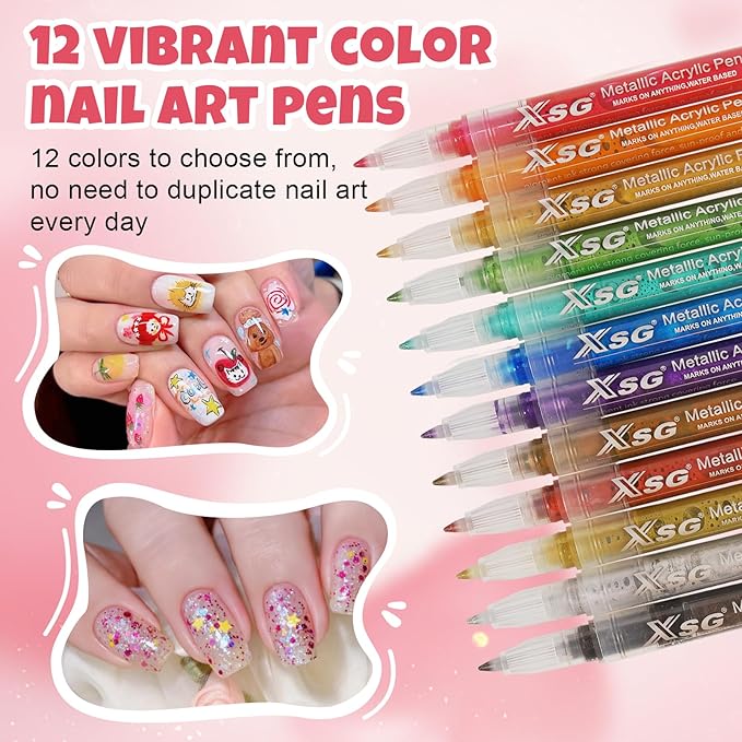 XSG 12 Colors Nail Art Pens Set - Professional Nail Point Graffiti Dotting Pen with Bullet Tip for Drawing, Dotting, Lining & Nail Polish Set Acrylic Nail Designs DIY Manicure Kit for Home Salon