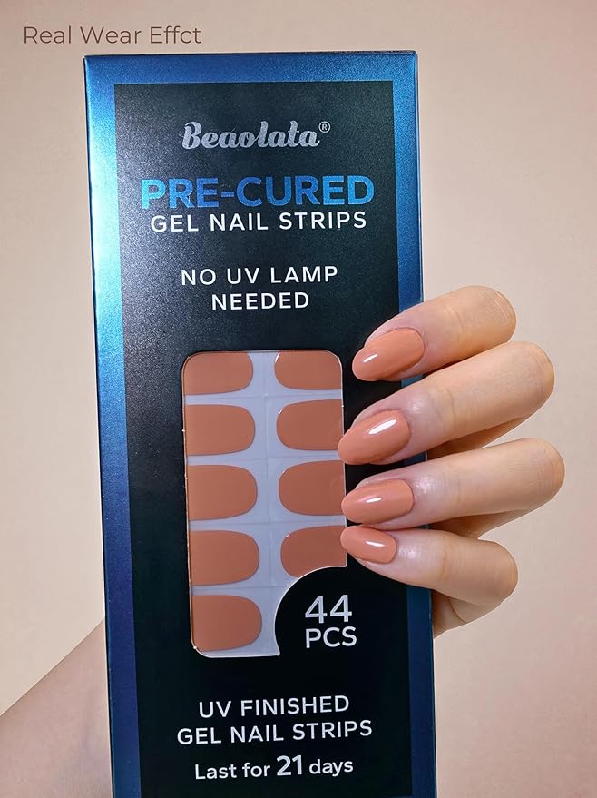 Real Gel Nail Strips (No UV Light Needed) - 44Pcs Salon Quality Nail Stickers - Long Lasting Polish Wraps for Women, Easy Apply & Remove (Coral Orange)