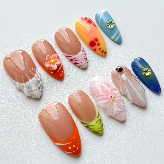 Luxury Press on Nails Medium Almond Handmade 3D Unique Reusable ABS Material Fake Nails French Tip False Nails with Designs Floral Shell Summer Glossy Glue on Nail Thick Acrylic Nail(M)