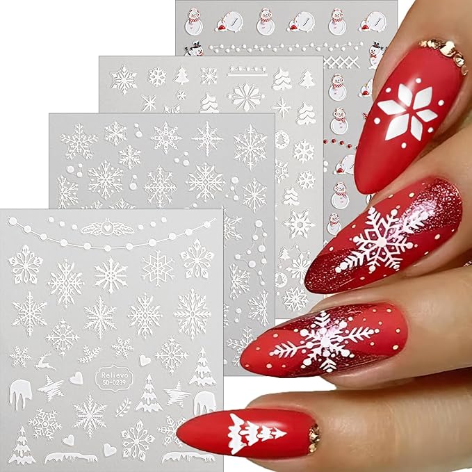 8 Sheets Christmas Nail Art Stickers Decals 5D Embossed Self-Adhesive Pegatinas Uñas Navidad Snowflake Santa Claus Snowman Reindeer Winter Holiday Manicure Decoration Supplies Accessories for Women