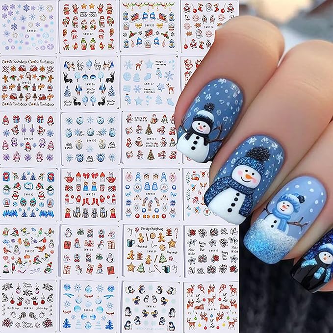 24 Sheets Christmas Nail Stickers for Women Cute Nail Art Stickers Snowflake Snowman Elk Penguin Christmas Tree Water Transfer Nail Decals Winter Xmas Nail Sticker 3D Self-Adhesive Nail Art Supplies