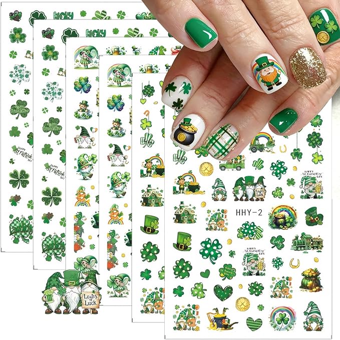 6 Sheets St Patrick’s Day Nail Art Stickers 3D Self- Adhesive Shamrock Nail Stickers Green Clover Hat Letter Golden Coin Irish Design St Patricks Day Nail Decals Nail Art Supplies for Acrylic Manicure