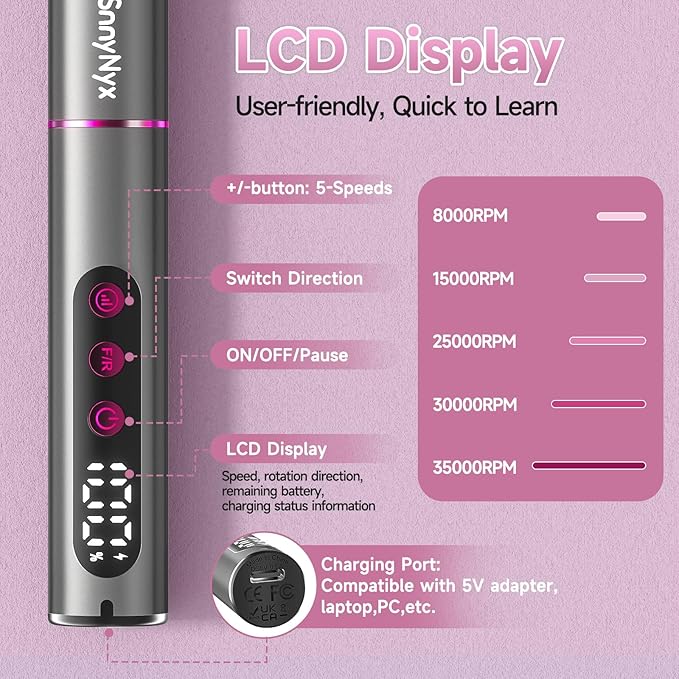 Cordless Electric Nail Drill 35000 RPM, Professional Nail File Kit with LCD Display, 12 Bits & 36 Sanding Bands, for Acrylic Gel Nails, Pet Claws, Salon & Home Use (Matte Gray)