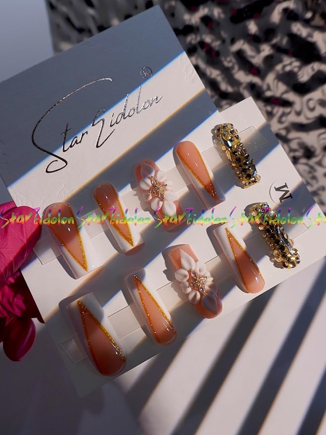 HAND-PAINTED White Press Ons Neon Small Press on Nails Long French Press on Nails Coffin Medium Short Nail art Fake Nail Art Kit with 7g Glue on Nails Handmade Almond Square Nails (TJ-15, Large)