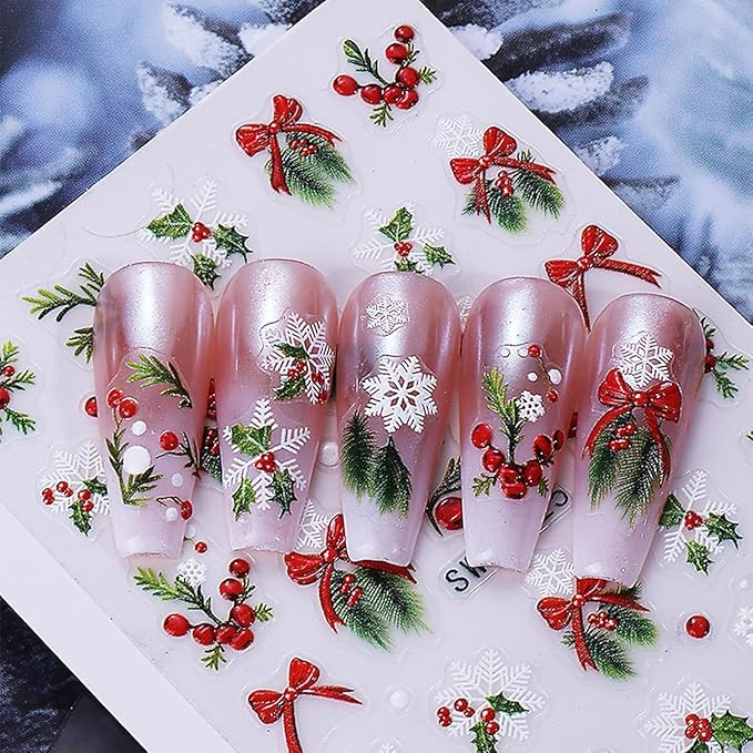4 Sheets Christmas Nail Art Stickers Decals 5D Embossed Winter Holly Sprig with Bow Nail Decals3D Self-Adhesive Xmas Snowflake Holiday Nail Supplies Nail Art Design for Women DIY Decoration