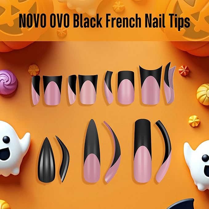 NOVO OVO Halloween Black French Tip Duck Feet Nail Tips Full Cover for Press on Acrylic with Moon Curve, Thick Medim Pre-Etched Matter Flare Wide Soft Gel Fake False Nail Extension x 15 Sizes 150 pcs