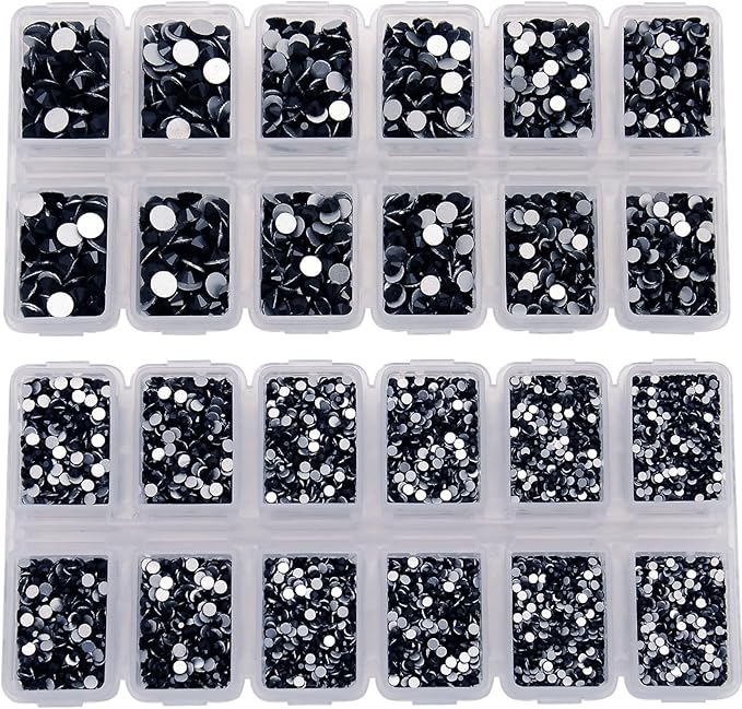 10000 Pieces Rhinestones 6 Sizes Round Crystal Glass Flat Back Rhinestones with 1Tweezers and 1Picking Pen for Nail Art Crafts Clothes Bags DIY (Black)