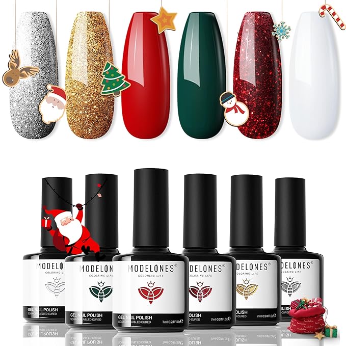 modelones Christmas Gel Nail Polish Set, 6 Colors Winter Red Glitter Dark Green White Gold Silver Gel Polish Kit Soak Off Nail Art Manicure Home Gift for Women Girls
