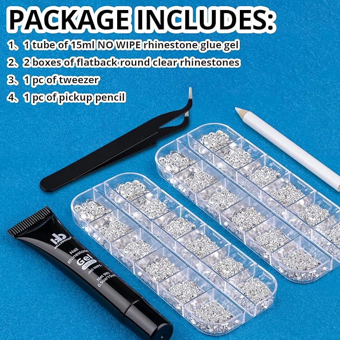 BELLEBOOST Nail Art Rhinestone Glue Gel&2 Boxes Flatback Gems Kit, 1 Tube of 15ml Rhinestone Gel Glue(UV/LED Needed)+Round Glass Crystal Clear Gemstones with Pickup Tools
