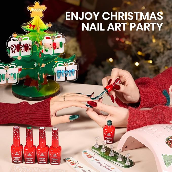 Beetles 67Pcs Gel Nail Polish Kit with U V Light - 12 Colors Valentine’s Day Gel Polish Set Red Jelly Cat Eye Pink Glitter Nail Kit with Acrylic Holder Display Manicure Gifts for Women Teen Girls
