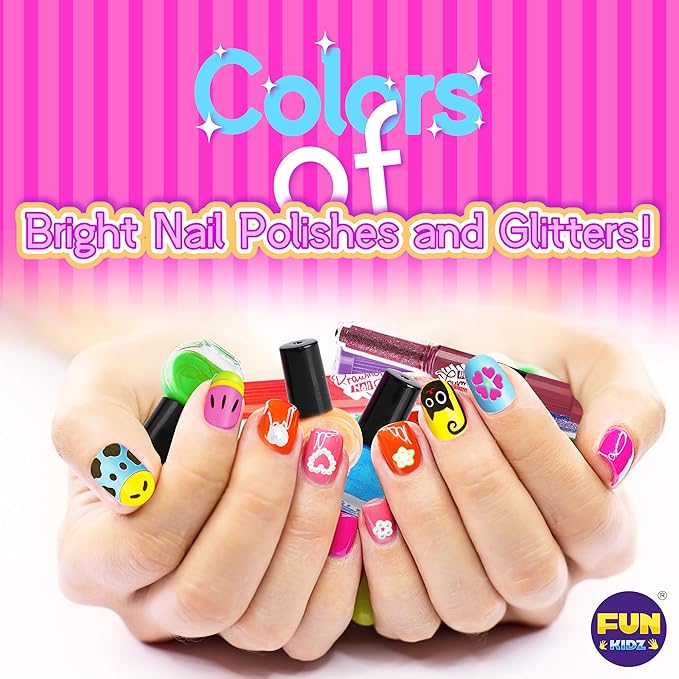 Nail Polish Pens Kit for Girls Ages 7-12, FunKidz Nail Pen Combo Kit Teen Gift Peelable Nail Art Studio Set with Cool Girly Decoration Stuff Pearl Beads, Glitter, Nail Stickers, Nail File, Gems