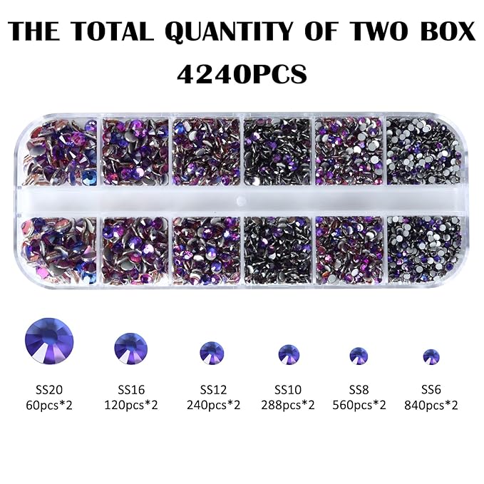 4240Pcs Purple Velvet Flatback Rhinestones 6 Sizes Crystal Diamonds for Nail Art Crafts Clothes Shoes with Tweezers and Picking Pen