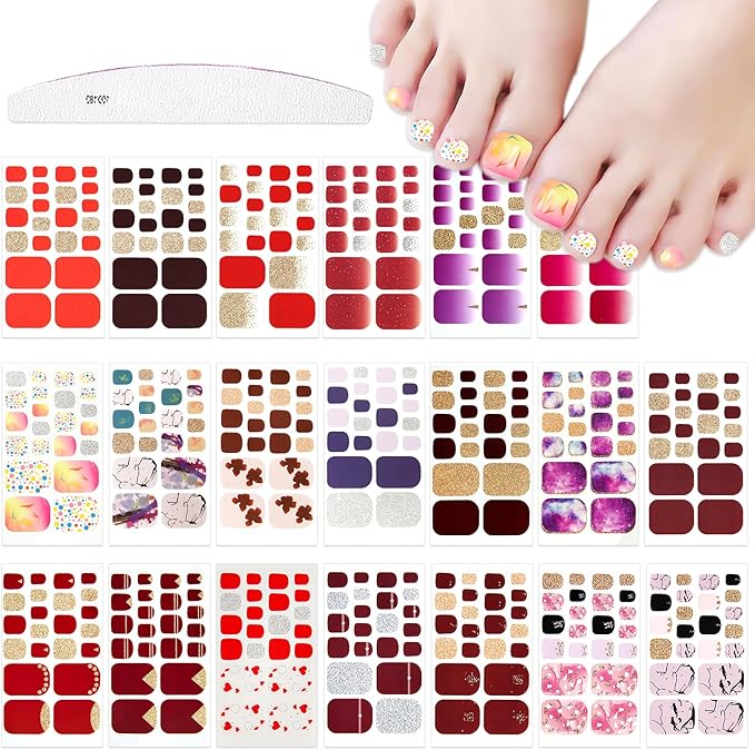 JERCLITY 440 Pieces 20 Sheets Toe Nail Stickers Full Nail Wraps Self-Adhesive Glitter Toenail Polish Strips Full Nail Stickers Nail Art Decals Strips with Nail File for Women Girls Kids（Warm Colors）
