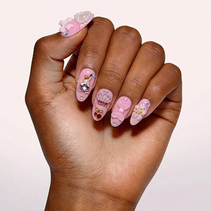 24Pcs Handmade Press on Nails,3D Pink Bow Medium Length Almond Shape Fake Nails with White Flower,Cute Manicure Kit for Women and Girls