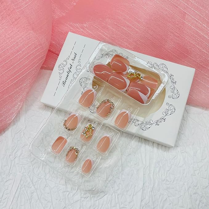 Square Press on Nails Short Fake Nails with Designs Stars Rhinestone Stick on Nail White French Acrylic False Nail Glossy Artificial Nail Full Cover Glue on Nails for Women 24Pcs